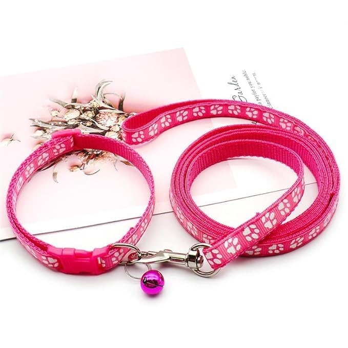 Dog,Cat Collar Leash Set with Adjustable Soft Nylon Paw Print Pet Collar
